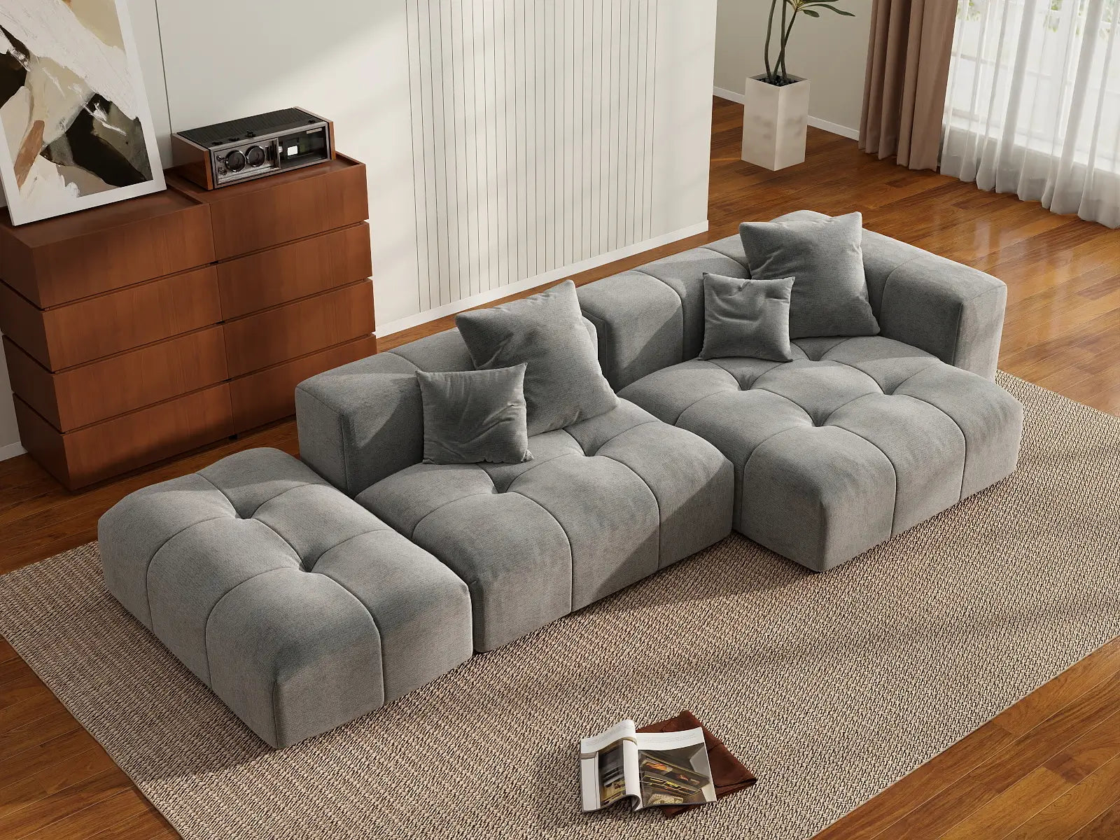 Seccional Matrix de 2 plazas con chaise longue gris claro | 3 piezas (incluye 1 otomana), tejido de lino, asientos para sala de estar