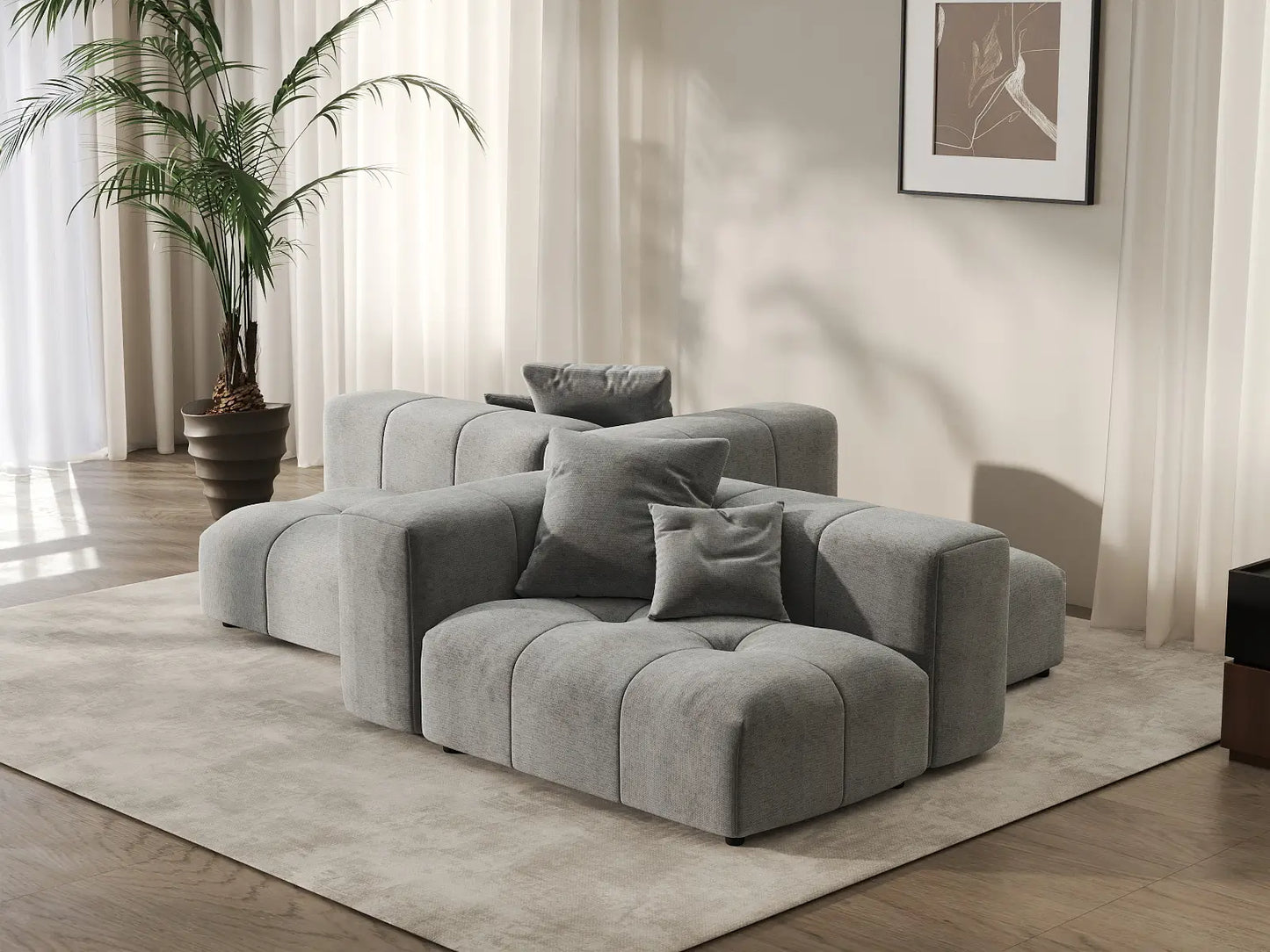Matrix 2-Seater Light Grey Large Space Symmetrical Sectional | 4-Piece (Includes 2 Ottomans), Linen Fabric