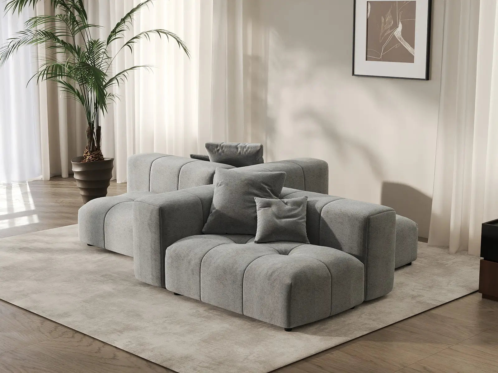 Matrix 2-Seater Light Grey Large Space Symmetrical Sectional | 4-Piece (Includes 2 Ottomans), Linen Fabric