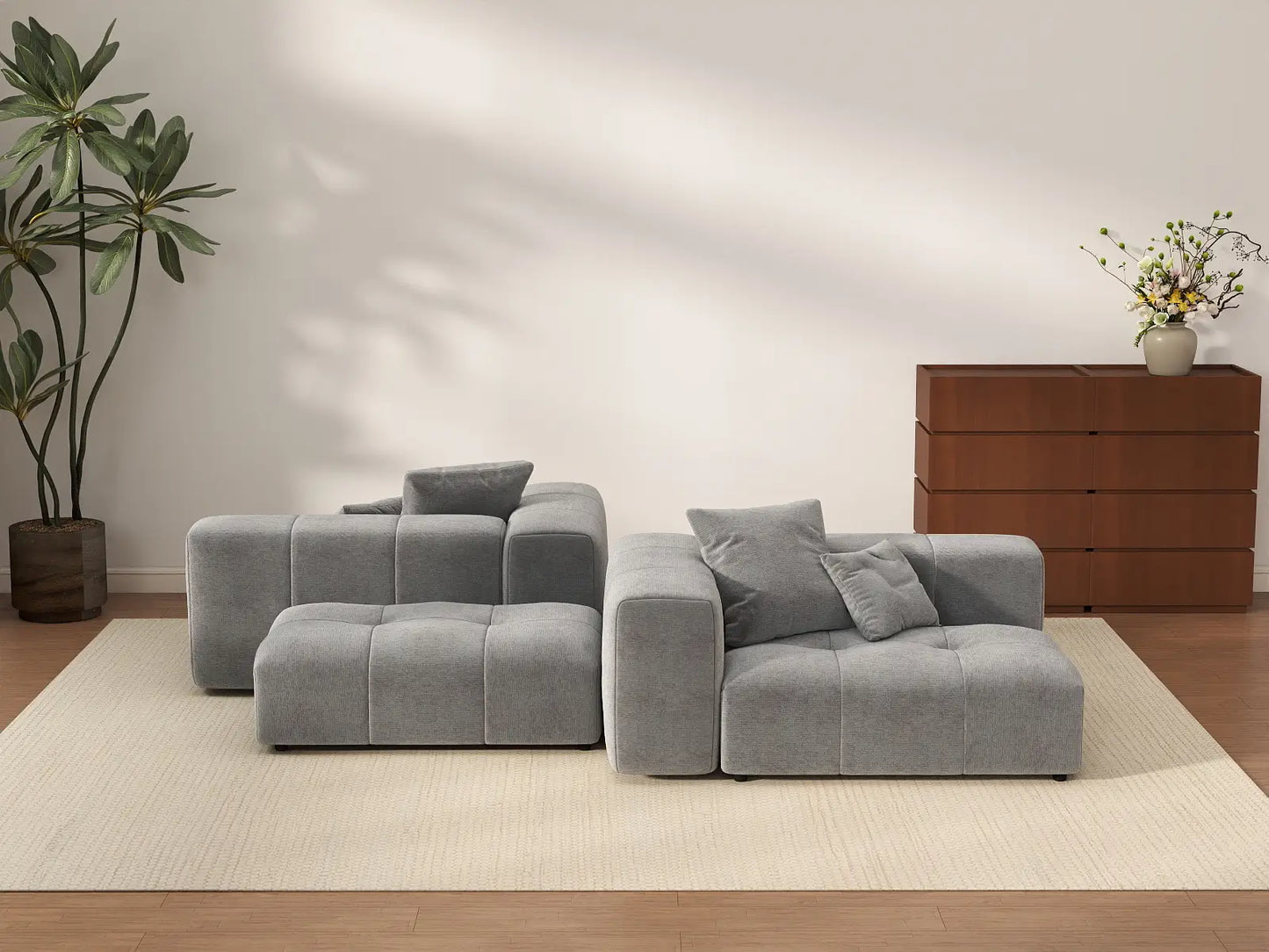 Matrix 2-Seater Light Grey Large Space Symmetrical Sectional | 4-Piece (Includes 2 Ottomans), Linen Fabric