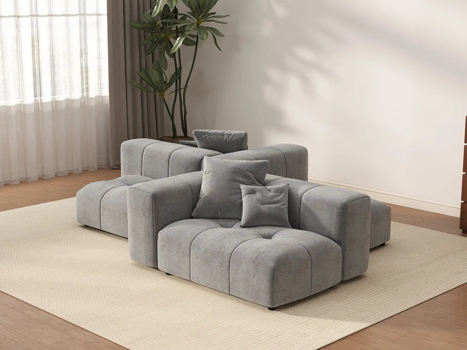 Matrix 2-Seater Light Grey Large Space Symmetrical Sectional | 4-Piece (Includes 2 Ottomans), Linen Fabric