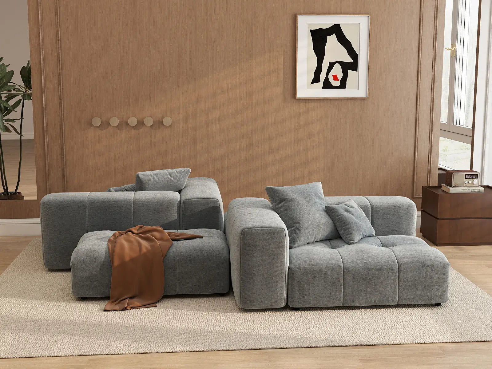 Matrix 2-Seater Light Grey Large Space Symmetrical Sectional | 4-Piece (Includes 2 Ottomans), Linen Fabric