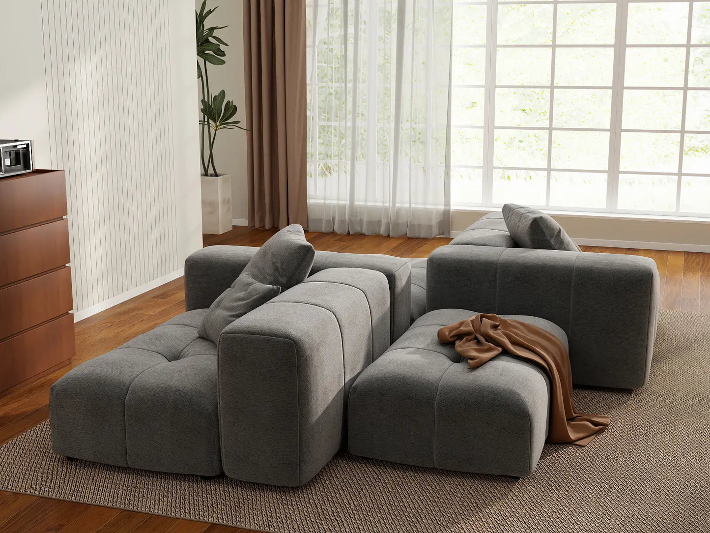 Matrix 2-Seater Light Grey Large Space Symmetrical Sectional | 4-Piece (Includes 2 Ottomans), Linen Fabric