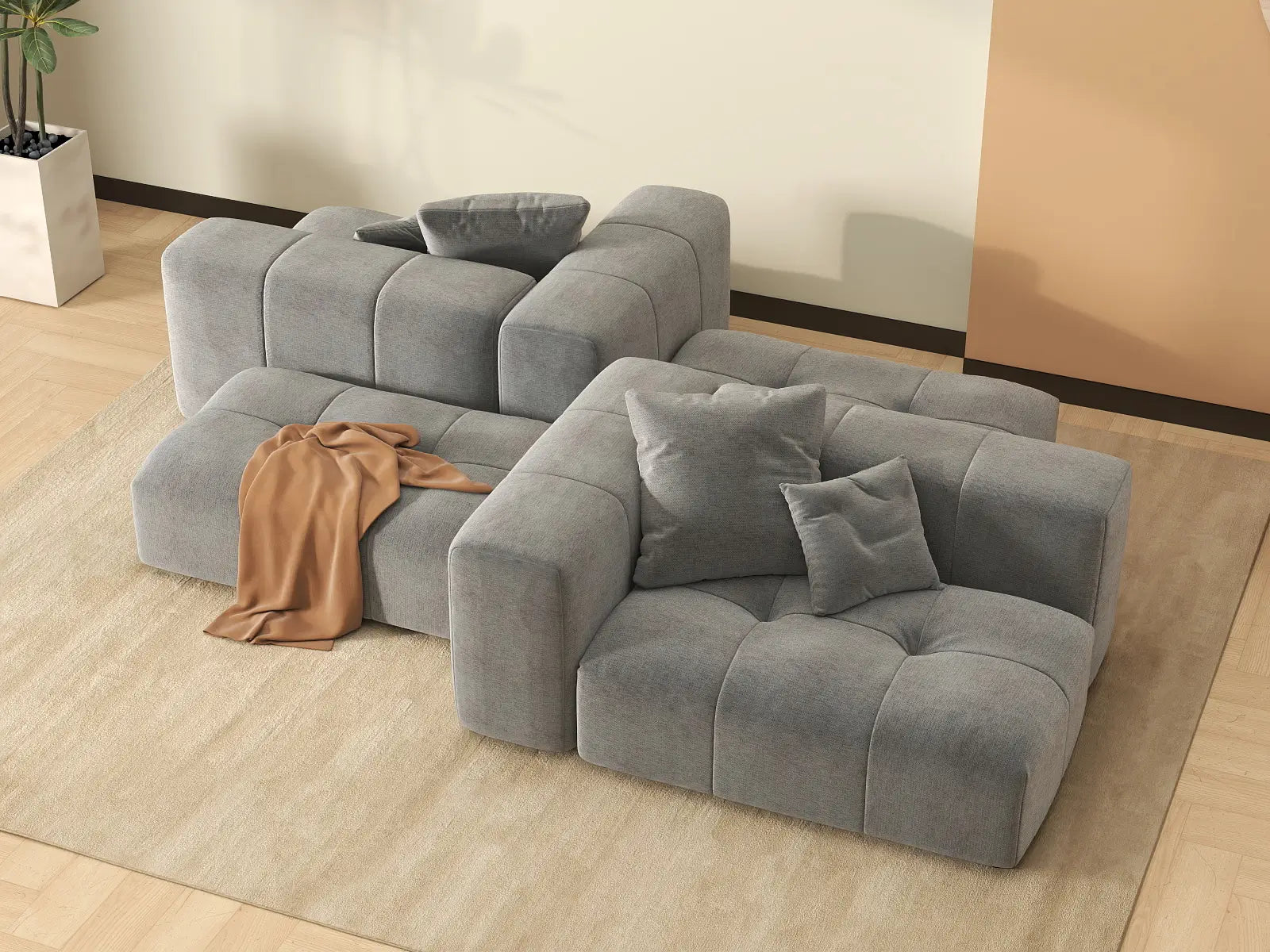 Matrix 2-Seater Light Grey Large Space Symmetrical Sectional | 4-Piece (Includes 2 Ottomans), Linen Fabric