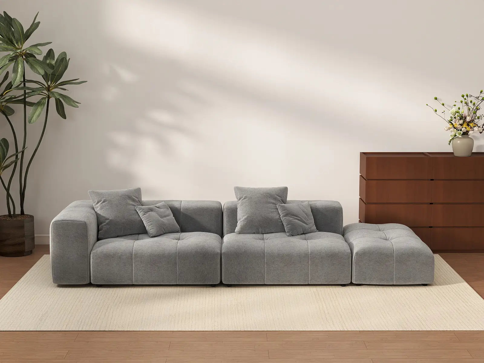 Matrix 2-Seater Light Grey Small Space Chaise Sectional | 3-Piece (Includes 1 Ottoman), Linen Fabric