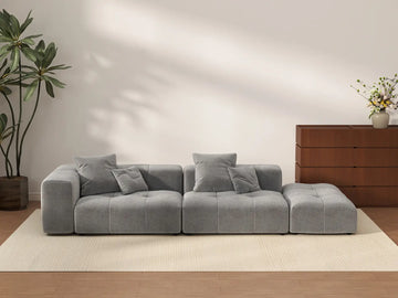 Matrix 2-Seater Light Grey Small Space Chaise Sectional | 3-Piece (Includes 1 Ottoman), Linen Fabric
