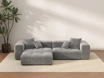 Matrix 2-Seater Light Grey Small Space Chaise Sectional | 3-Piece (Includes 1 Ottoman), Linen Fabric