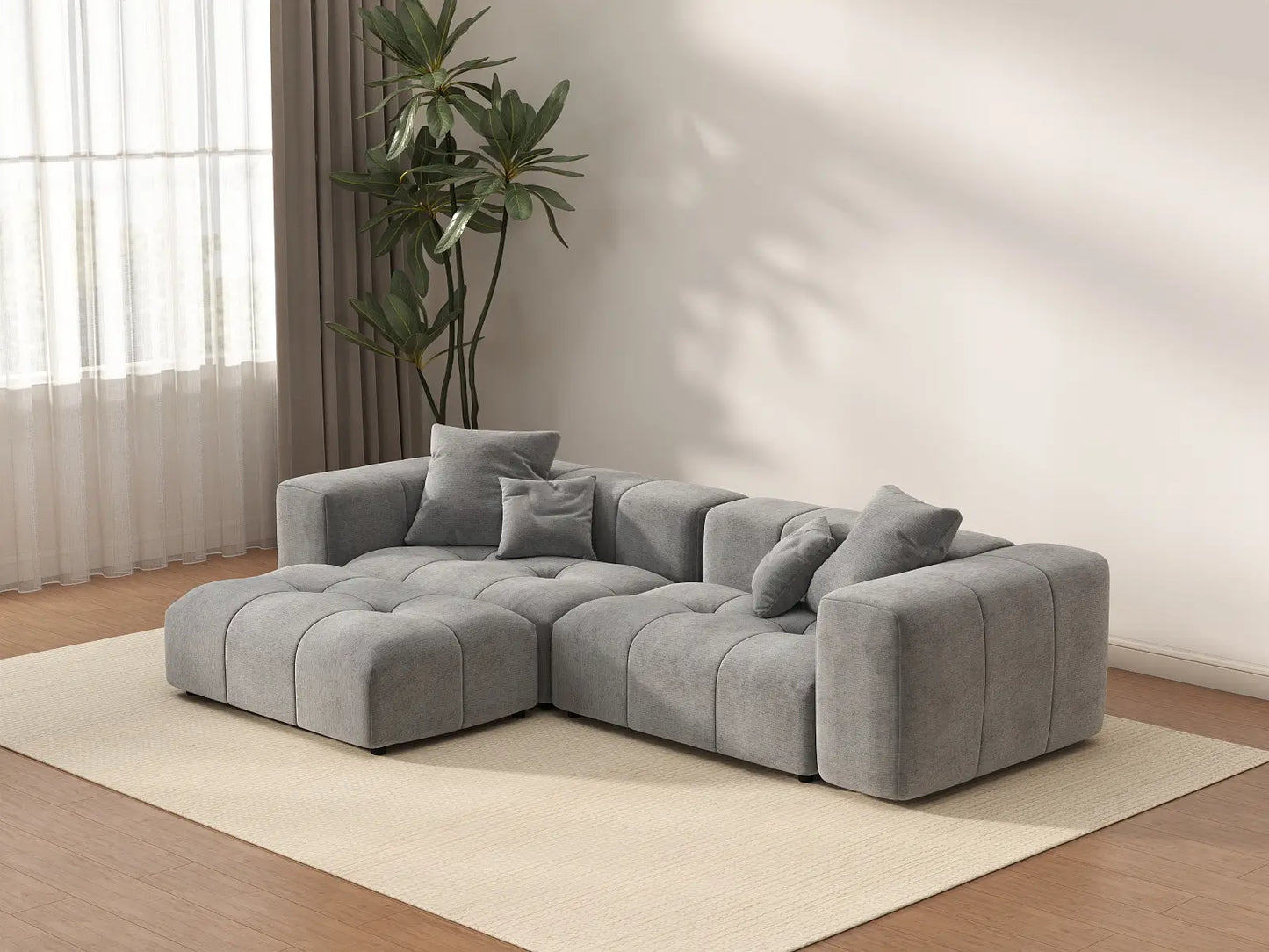 Seccional de chaise de 2 asientos para espacios pequeños Matrix gris claro | 3 piezas (incluye 1 otomana), tela de lino