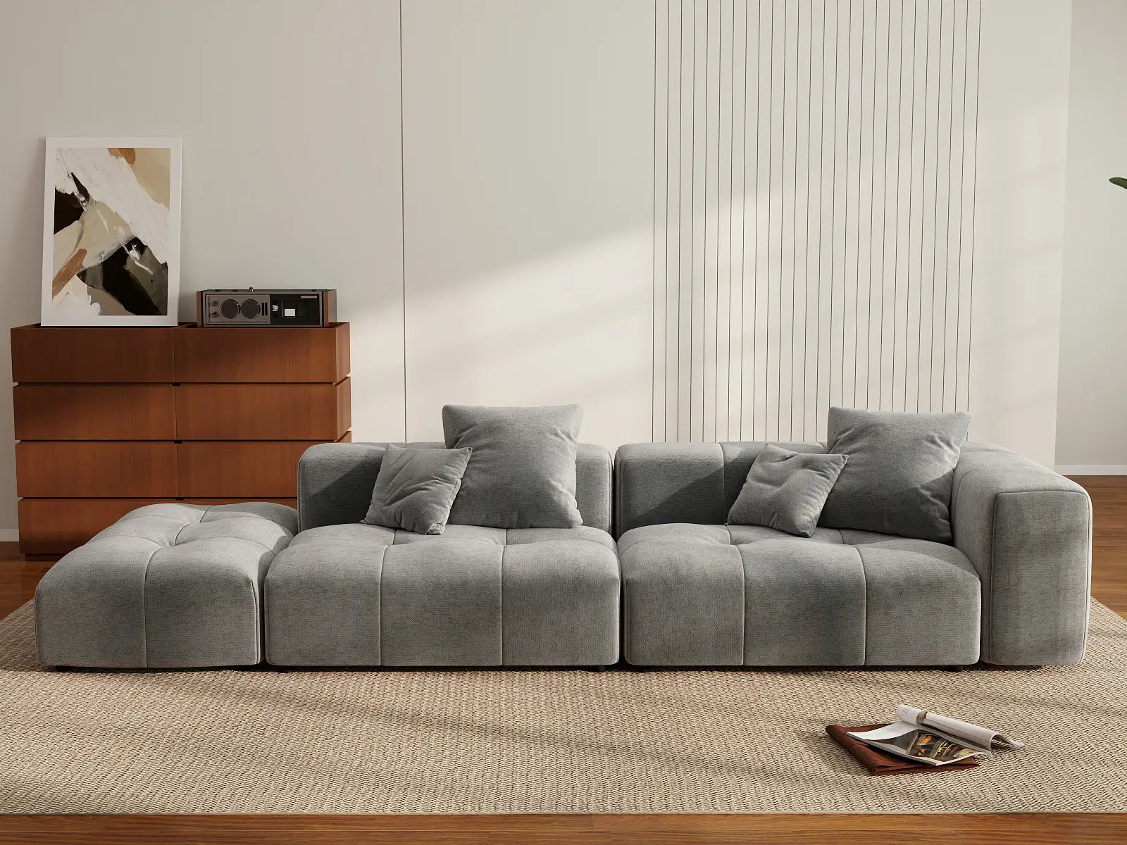 Matrix 2-Seater Light Grey Small Space Chaise Sectional | 3-Piece (Includes 1 Ottoman), Linen Fabric