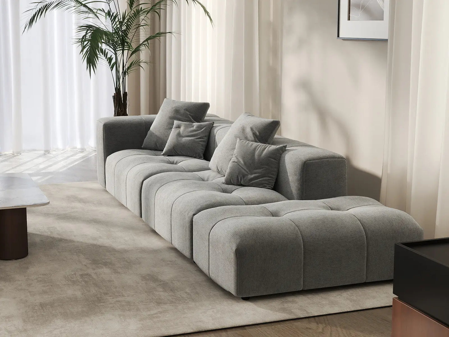 Matrix 2-Seater Light Grey Small Space Chaise Sectional | 3-Piece (Includes 1 Ottoman), Linen Fabric
