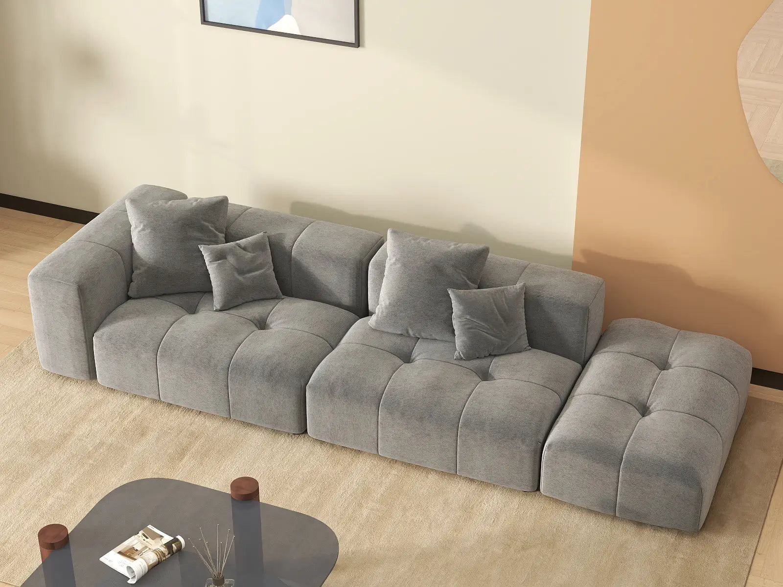 Matrix 2-Seater Light Grey Small Space Chaise Sectional | 3-Piece (Includes 1 Ottoman), Linen Fabric