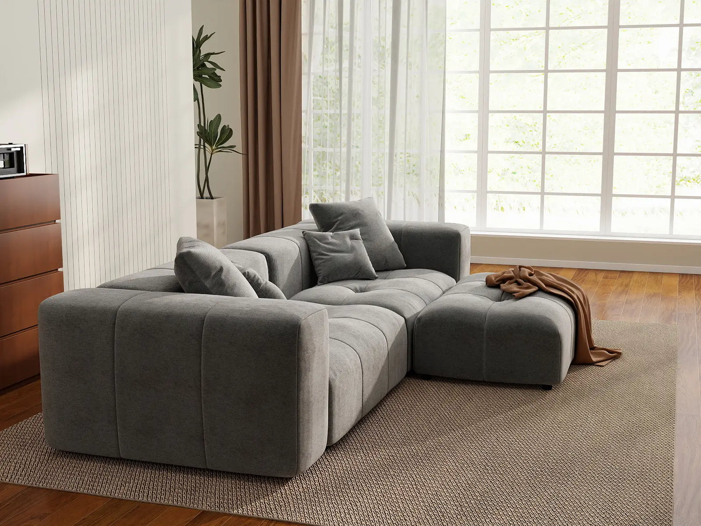 Seccional de chaise de 2 asientos para espacios pequeños Matrix gris claro | 3 piezas (incluye 1 otomana), tela de lino