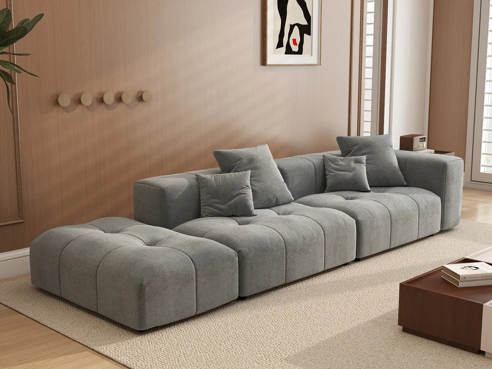Matrix 2-Seater Light Grey Small Space Chaise Sectional | 3-Piece (Includes 1 Ottoman), Linen Fabric