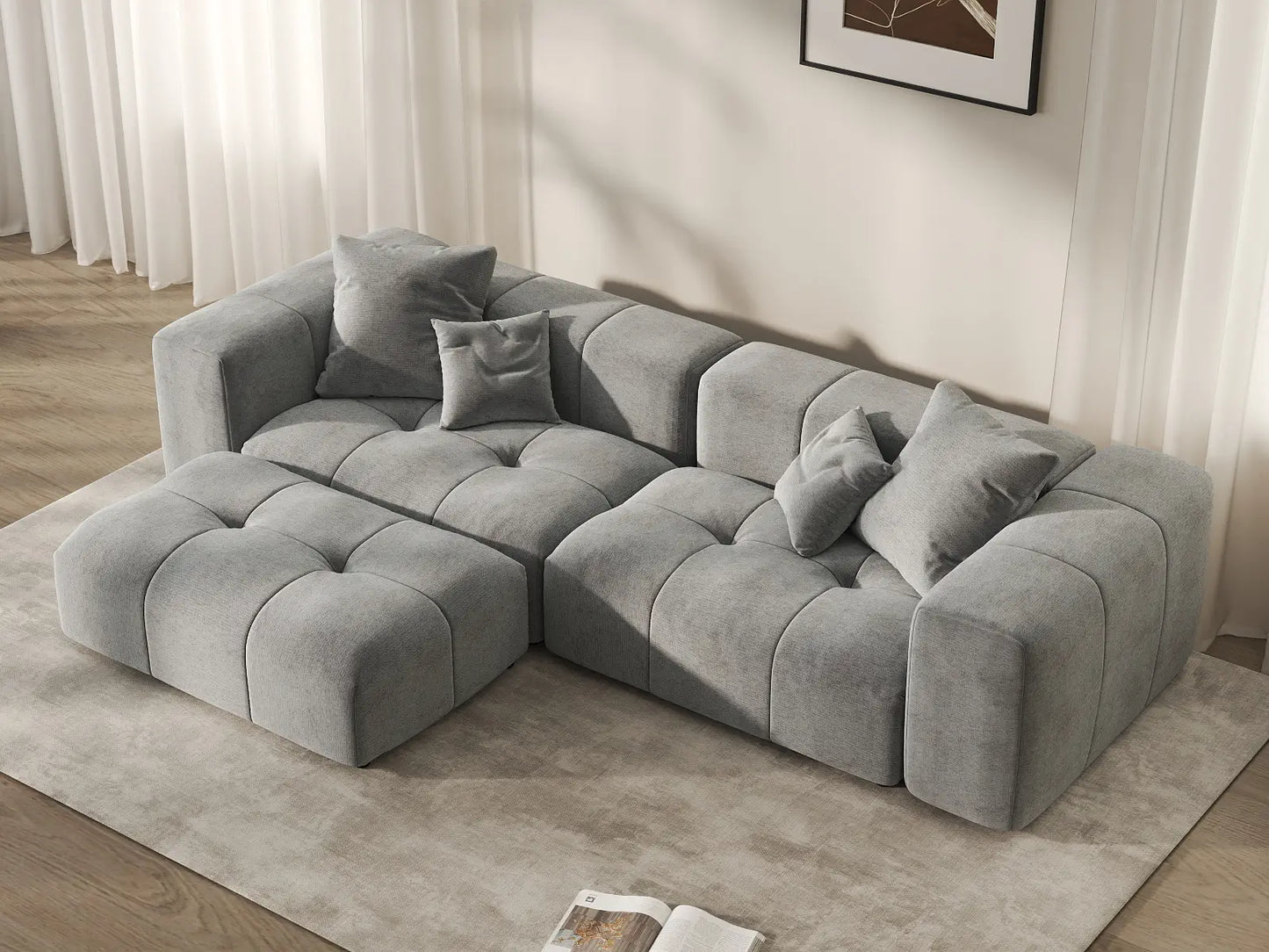 Seccional de chaise de 2 asientos para espacios pequeños Matrix gris claro | 3 piezas (incluye 1 otomana), tela de lino