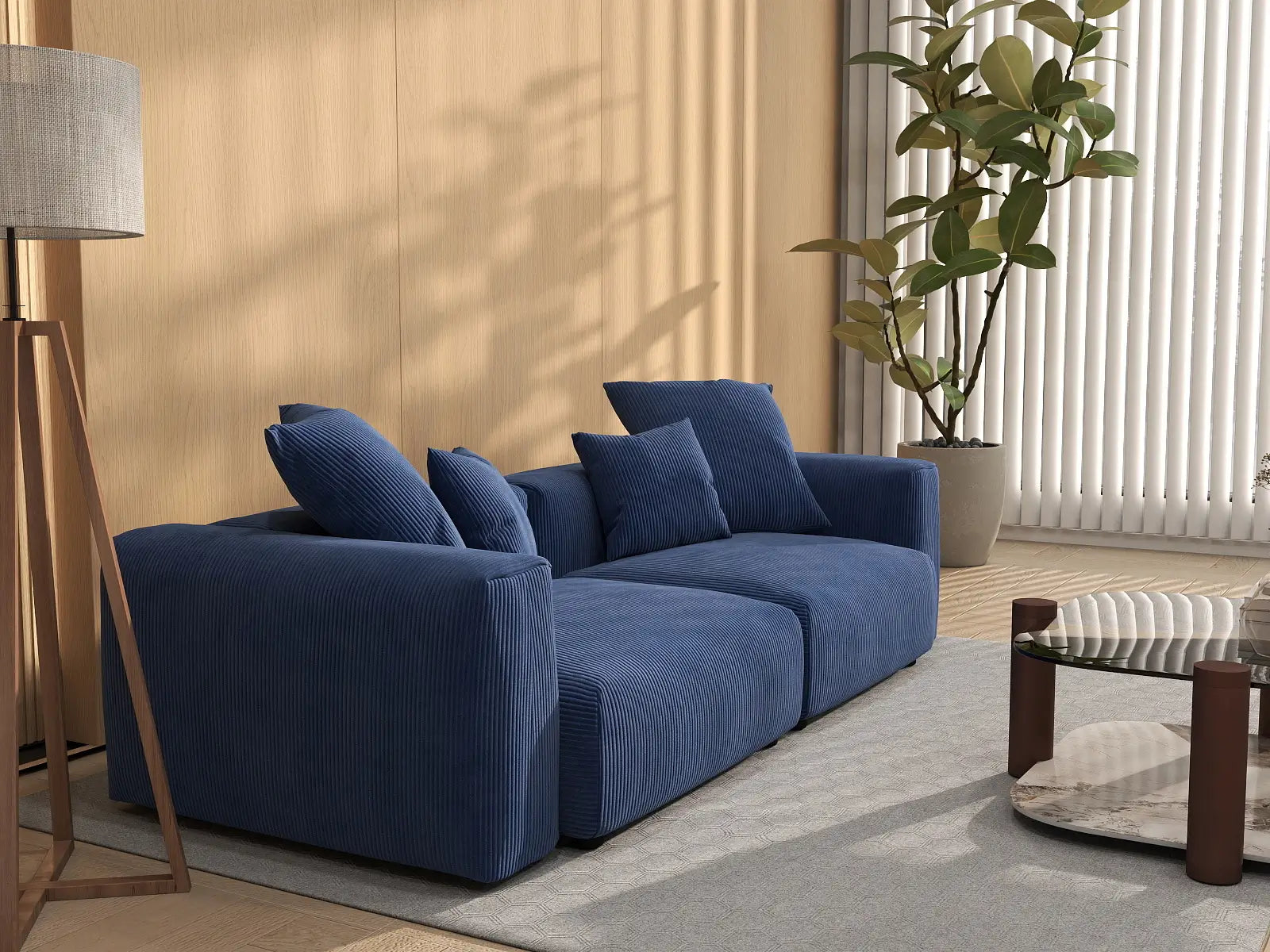 Sofá biplaza Matrix de pana azul | 2 piezas, asientos para espacios pequeños, fácil de limpiar, diseño elegante