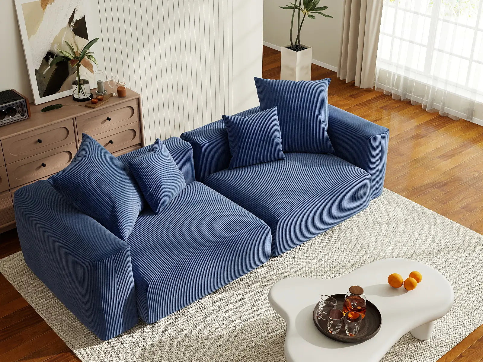 Sofá biplaza Matrix de pana azul | 2 piezas, asientos para espacios pequeños, fácil de limpiar, diseño elegante