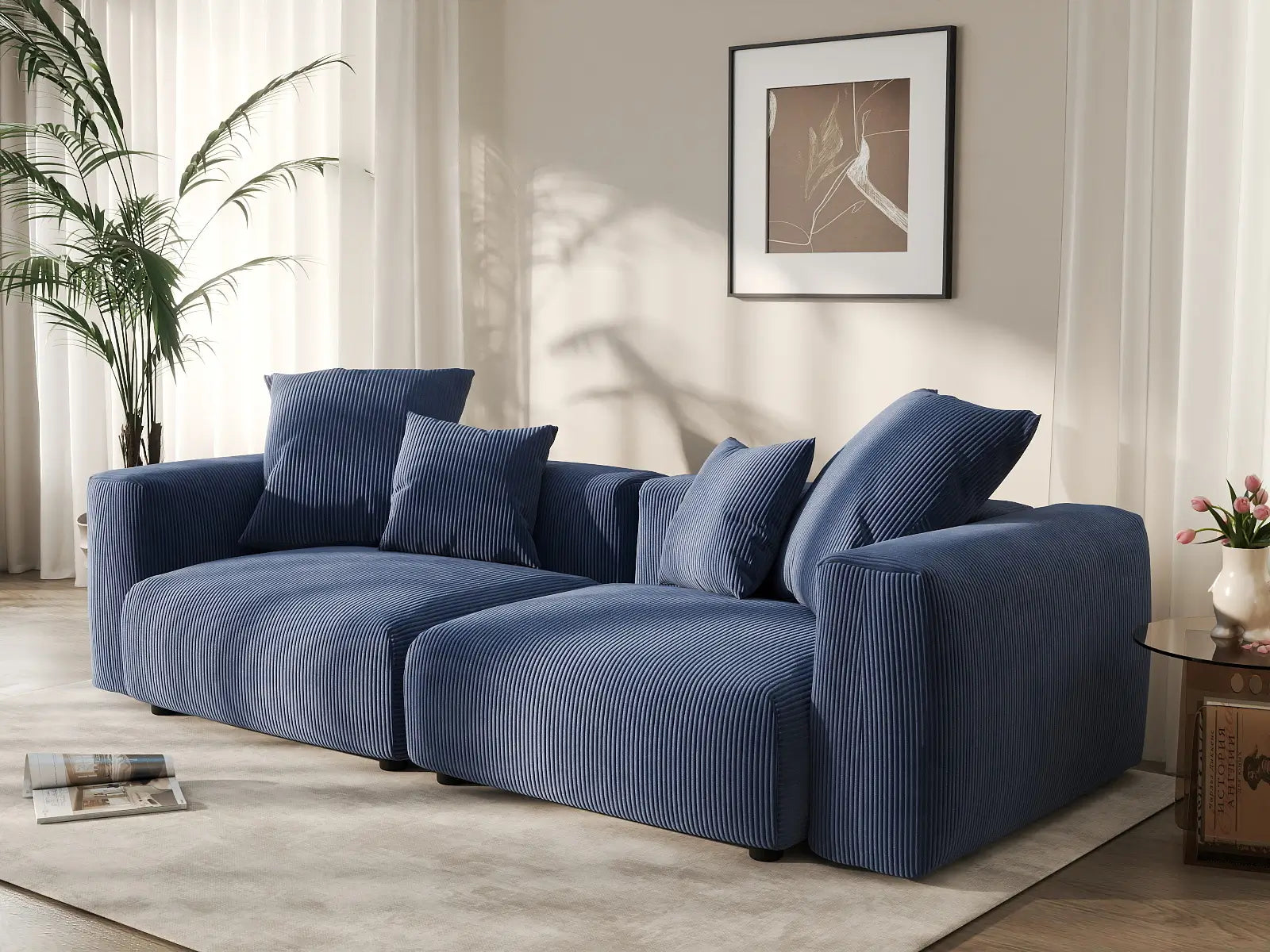 Sofá biplaza Matrix de pana azul | 2 piezas, asientos para espacios pequeños, fácil de limpiar, diseño elegante