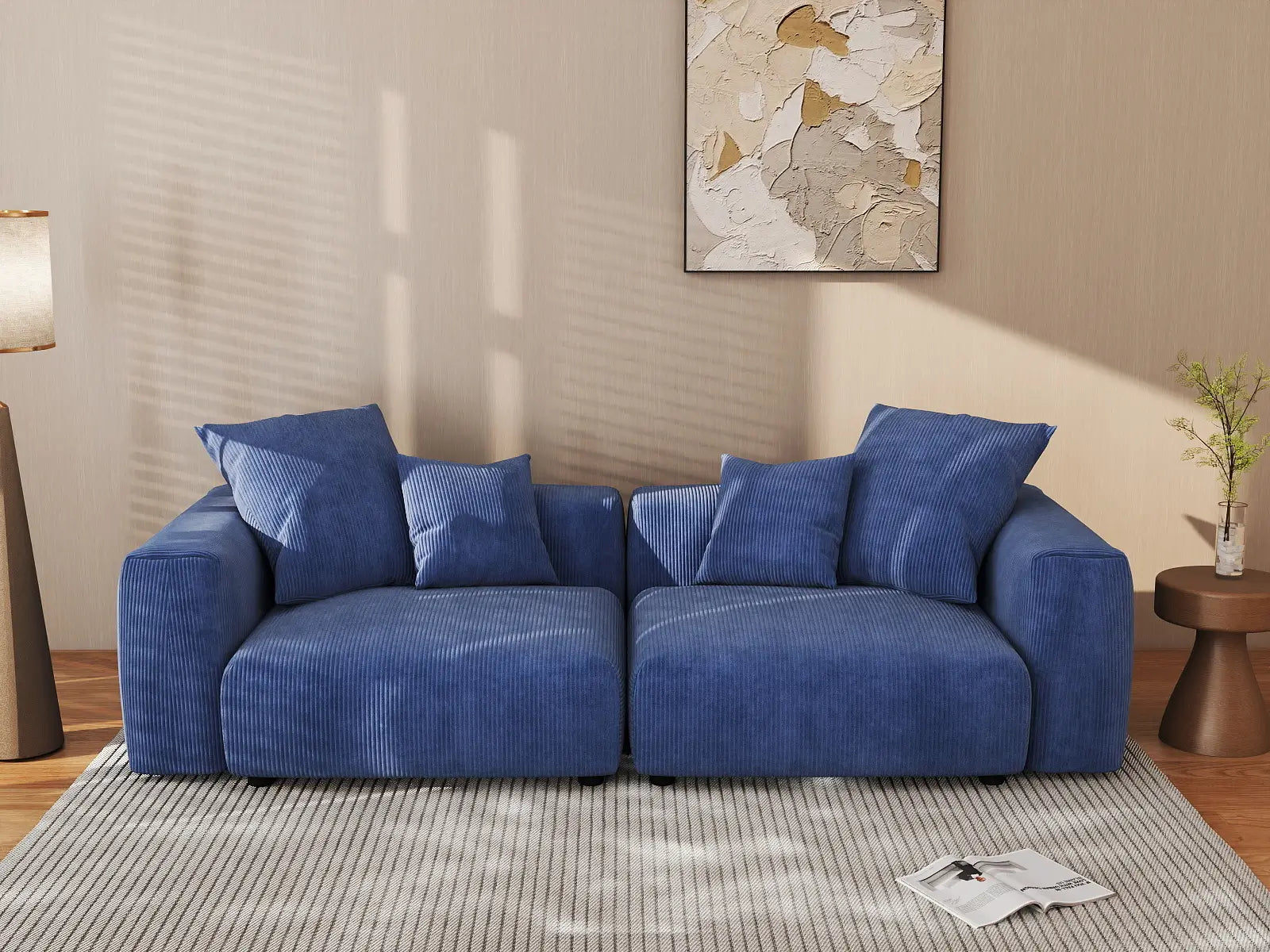 Sofá biplaza Matrix de pana azul | 2 piezas, asientos para espacios pequeños, fácil de limpiar, diseño elegante