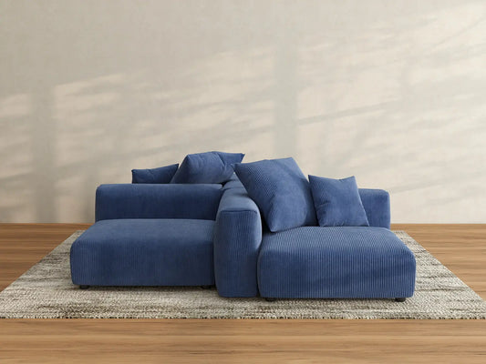 Matrix 2-Seater Symmetrical Sectional in Blue Corduroy | 4-Piece (Includes 2 Ottomans), Living Room Seating, Easy To Clean, Large Space