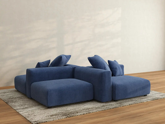 Matrix 2-Seater Symmetrical Sectional in Blue Corduroy | 4-Piece (Includes 2 Ottomans), Living Room Seating, Easy To Clean, Large Space