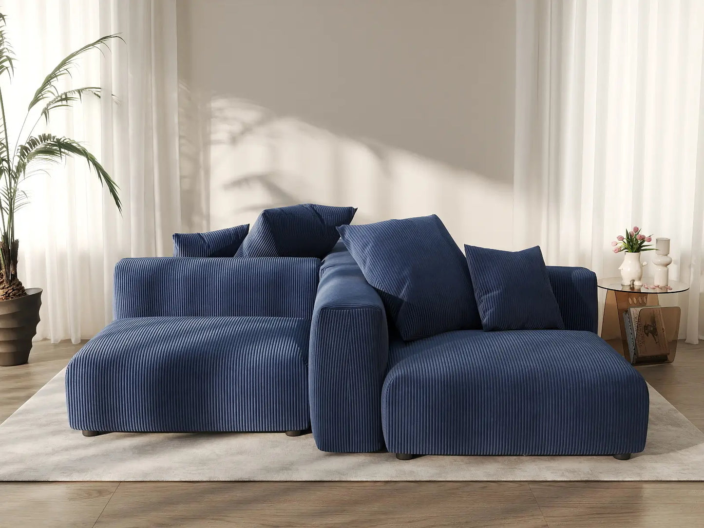 Matrix 2-Seater Symmetrical Sectional in Blue Corduroy | 4-Piece (Includes 2 Ottomans), Living Room Seating, Easy To Clean, Large Space