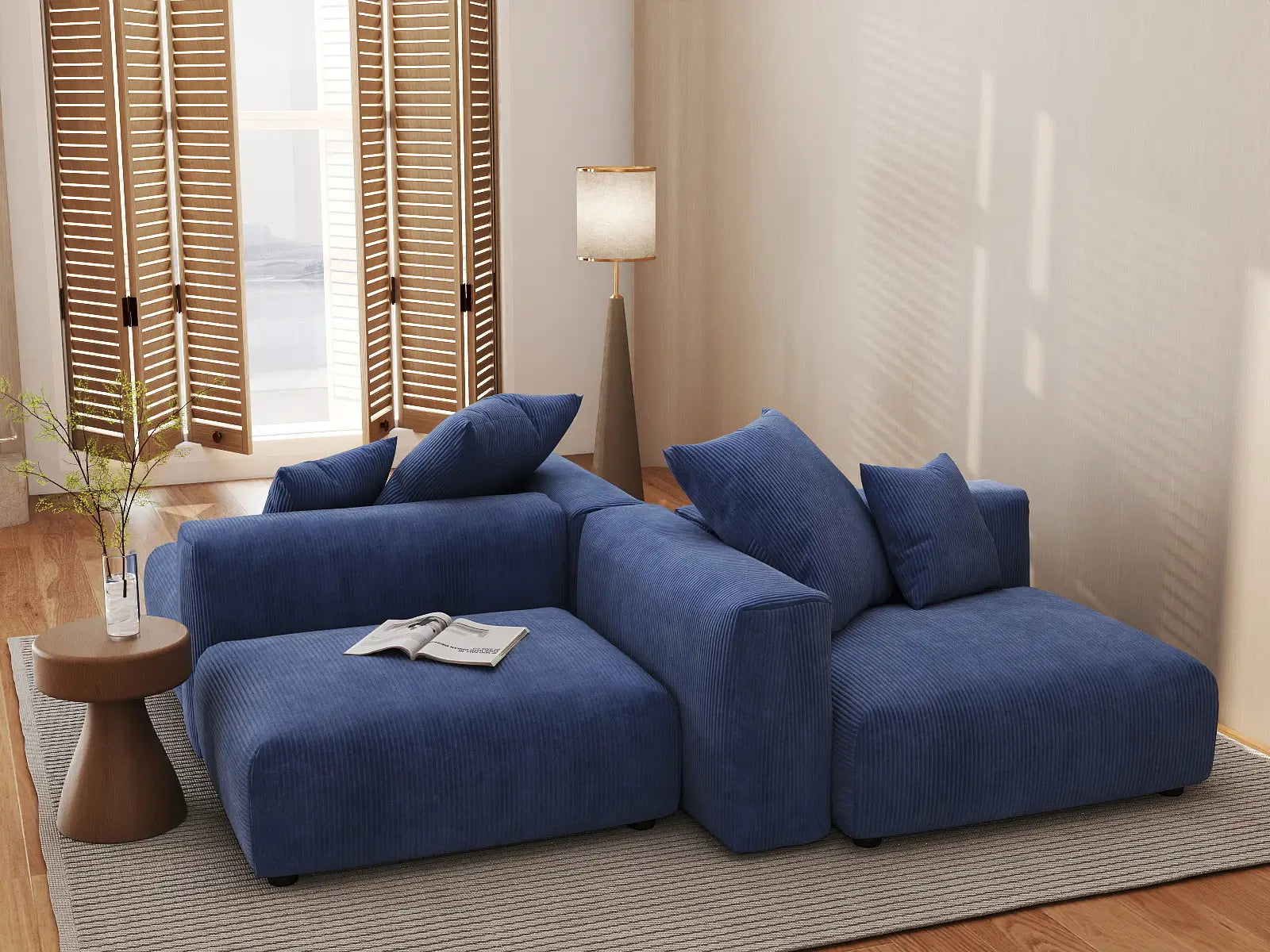 Matrix 2-Seater Symmetrical Sectional in Blue Corduroy | 4-Piece (Includes 2 Ottomans), Living Room Seating, Easy To Clean, Large Space