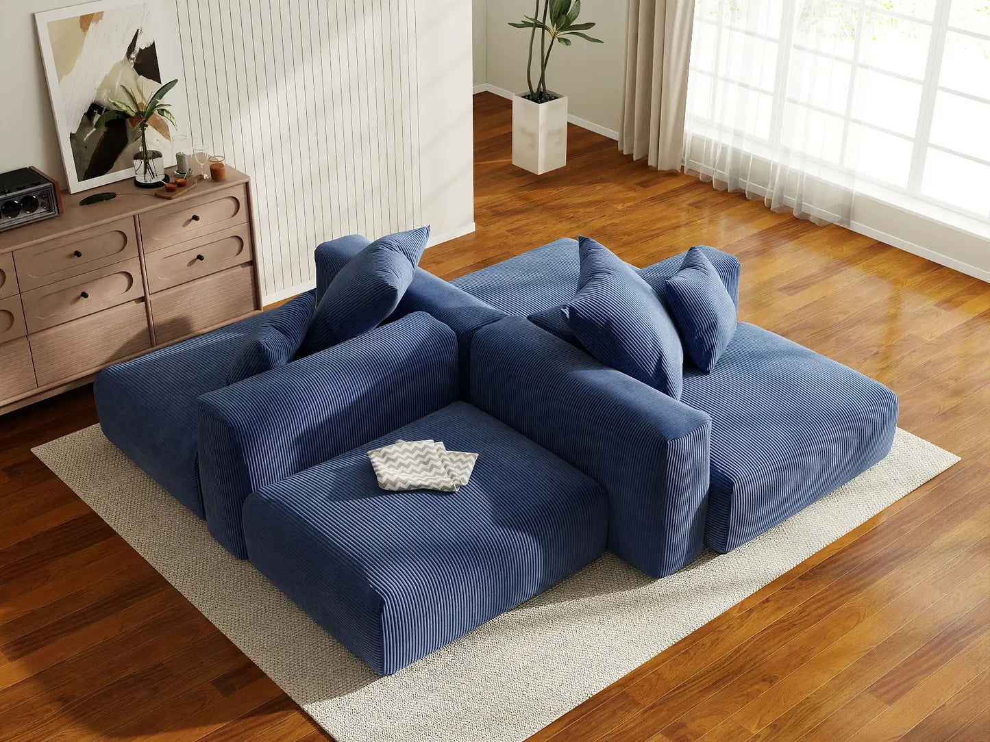 Matrix 2-Seater Symmetrical Sectional in Blue Corduroy | 4-Piece (Includes 2 Ottomans), Living Room Seating, Easy To Clean, Large Space