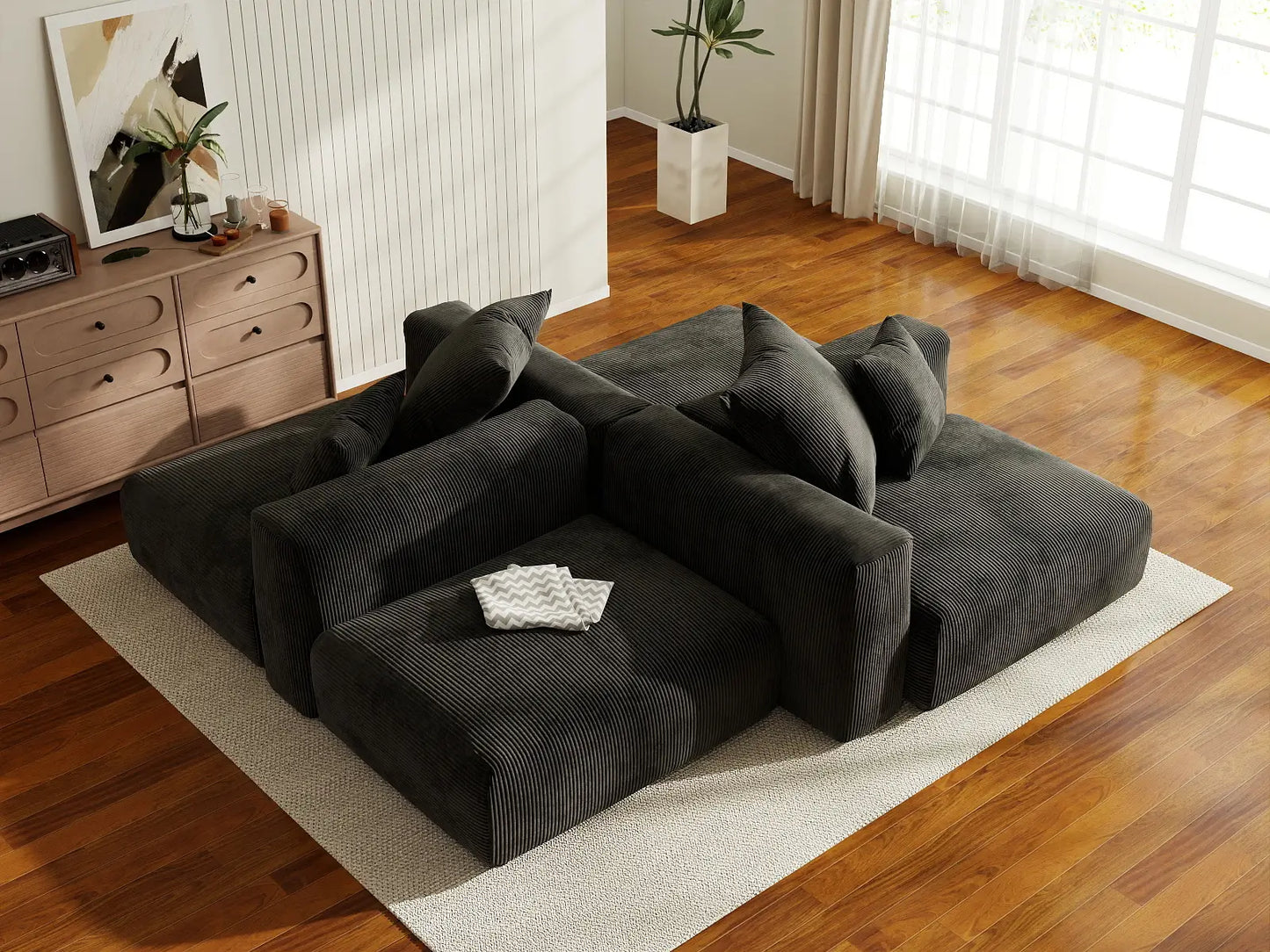 Matrix Modern Modular Sofa Covers | Black Corduroy Sofa Covers for 2-Seater with 2-Ottoman