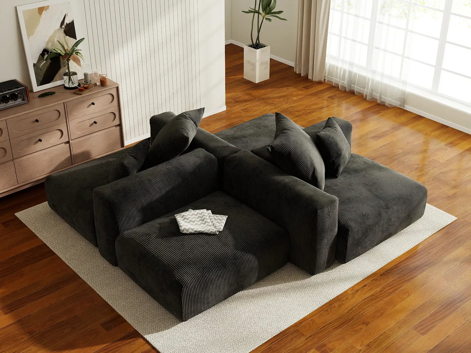 Matrix Modern Modular Sofa Covers | Black Corduroy Sofa Covers for 2-Seater with 2-Ottoman