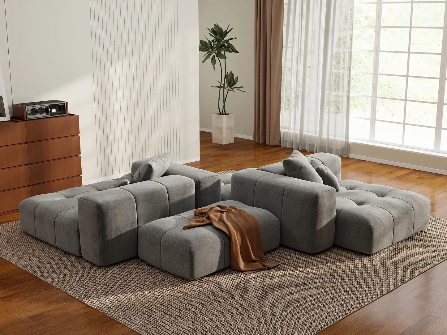 Seccional simétrico Matrix de 2 plazas en lino gris claro | 4 piezas (incluye 2 otomanas), asientos para sala de estar, estilo contemporáneo