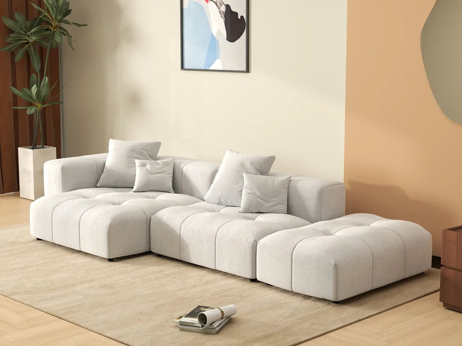 Seccional Matrix de 2 plazas con chaise longue, color blanco | 3 piezas (incluye 1 otomana), tela de lino, asientos para sala de estar
