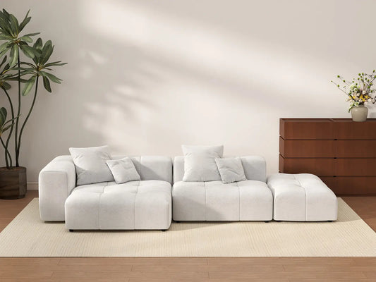 Matrix 2-Seater White Chaise Sectional | 3-Piece (Includes 1 Ottoman), Linen Fabric, Lounge Room Seating