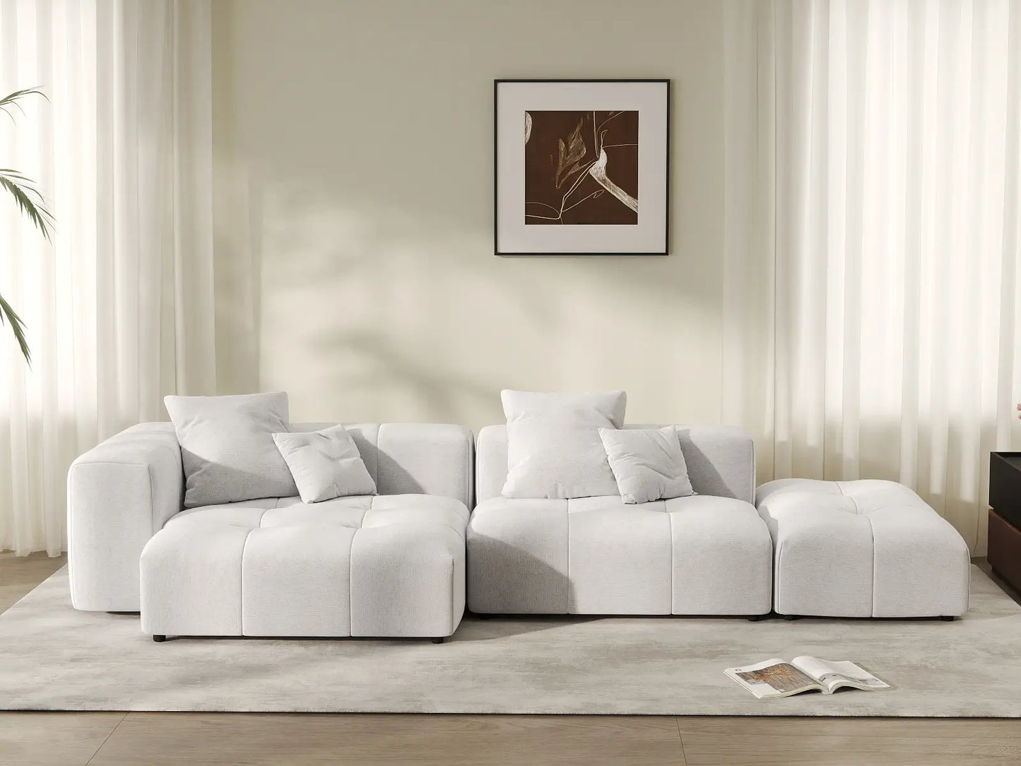 Seccional Matrix de 2 plazas con chaise longue, color blanco | 3 piezas (incluye 1 otomana), tela de lino, asientos para sala de estar