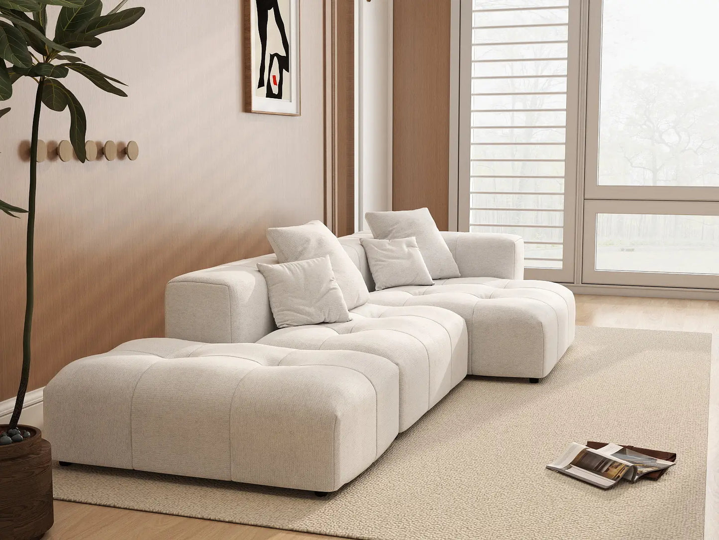 Seccional Matrix de 2 plazas con chaise longue, color blanco | 3 piezas (incluye 1 otomana), tela de lino, asientos para sala de estar