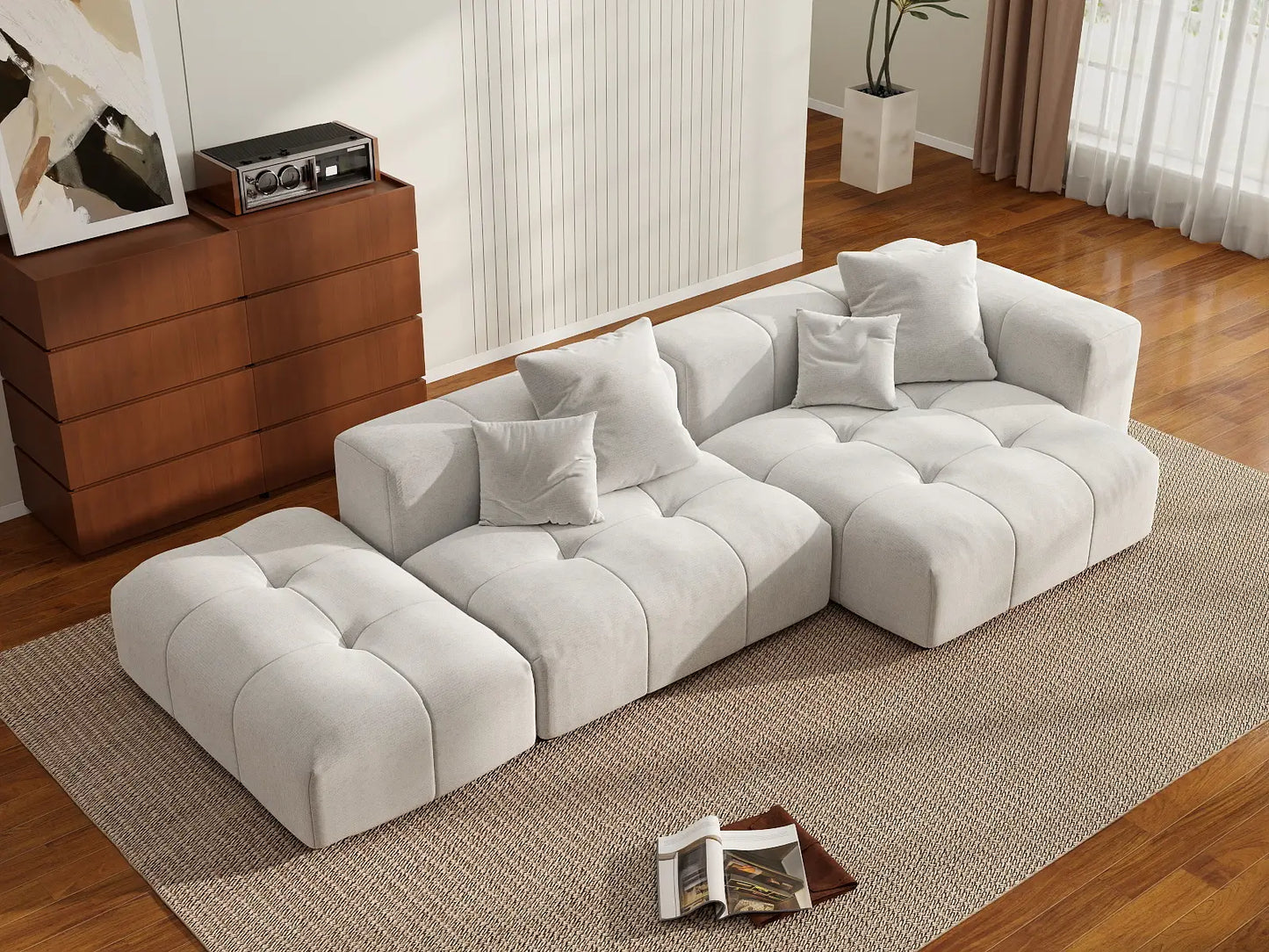 Seccional Matrix de 2 plazas con chaise longue, color blanco | 3 piezas (incluye 1 otomana), tela de lino, asientos para sala de estar