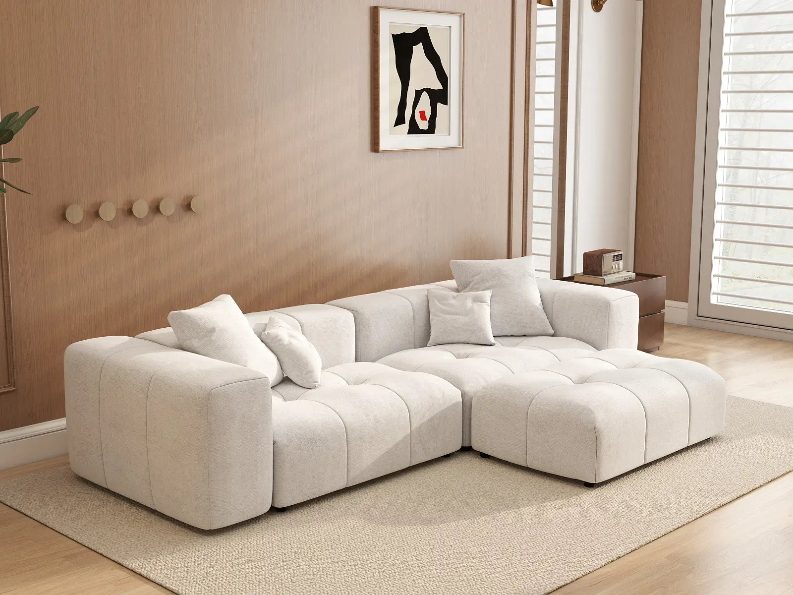 Matrix 2-Seater White Small Space Chaise Sectional | 3-Piece (Includes 1 Ottoman), Linen Fabric