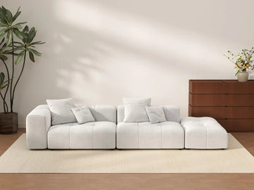 Matrix 2-Seater White Small Space Chaise Sectional | 3-Piece (Includes 1 Ottoman), Linen Fabric