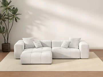 Matrix 2-Seater White Small Space Chaise Sectional | 3-Piece (Includes 1 Ottoman), Linen Fabric