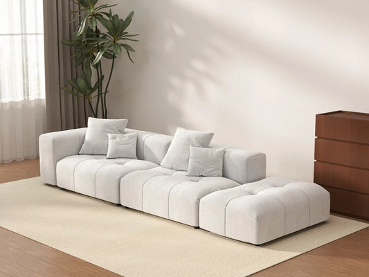 Matrix 2-Seater White Small Space Chaise Sectional | 3-Piece (Includes 1 Ottoman), Linen Fabric