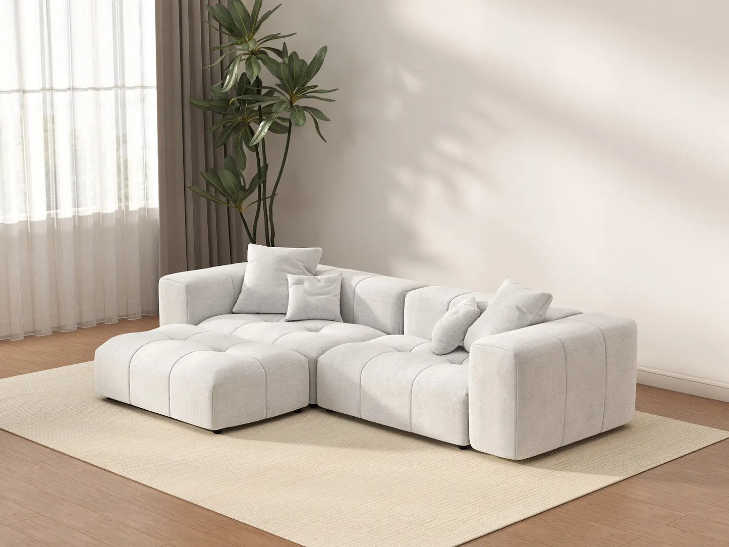 Matrix 2-Seater White Small Space Chaise Sectional | 3-Piece (Includes 1 Ottoman), Linen Fabric