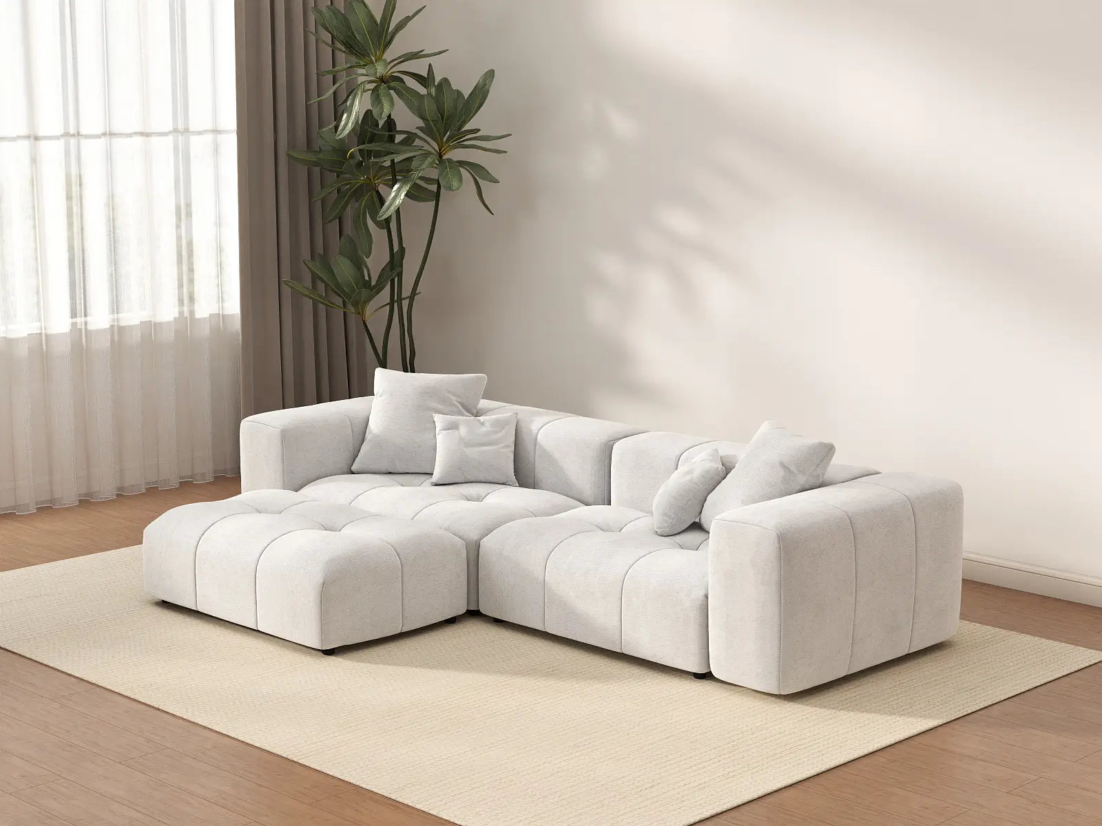 Matrix 2-Seater White Small Space Chaise Sectional | 3-Piece (Includes 1 Ottoman), Linen Fabric