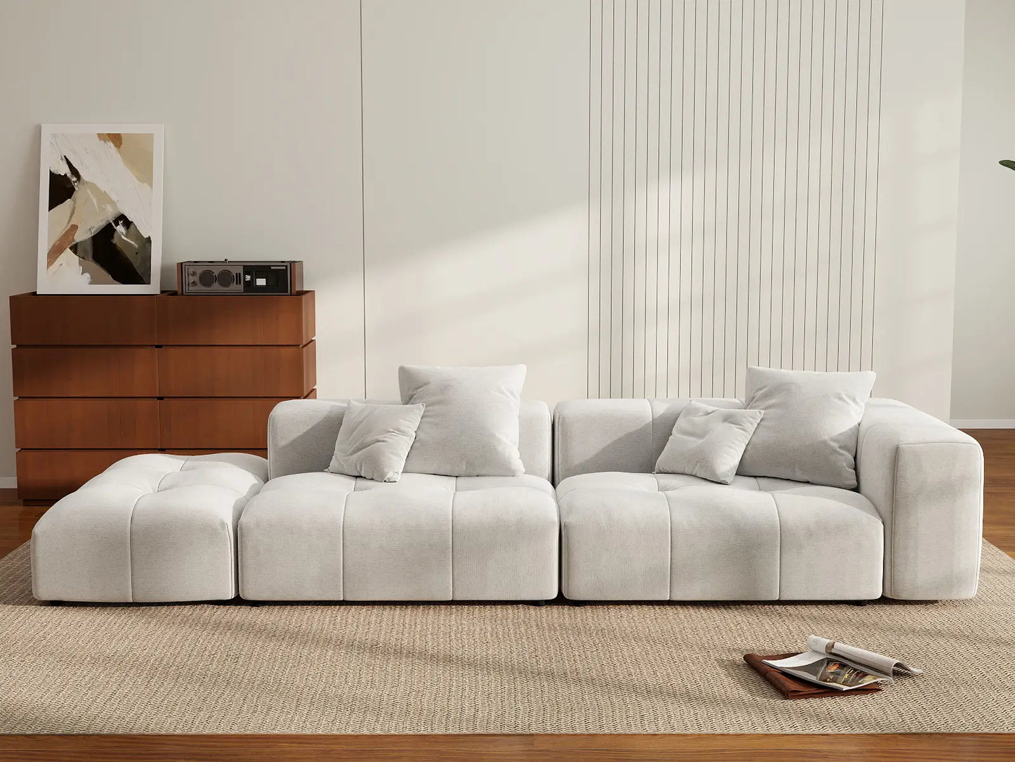 Matrix 2-Seater White Small Space Chaise Sectional | 3-Piece (Includes 1 Ottoman), Linen Fabric