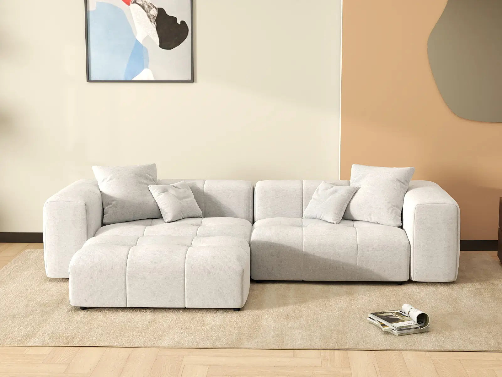 Matrix 2-Seater White Small Space Chaise Sectional | 3-Piece (Includes 1 Ottoman), Linen Fabric