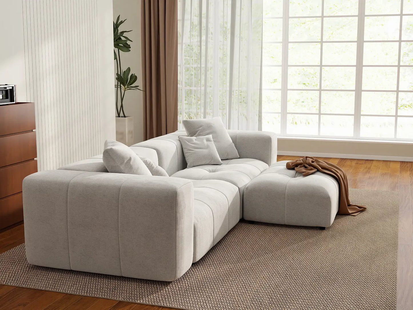 Matrix 2-Seater White Small Space Chaise Sectional | 3-Piece (Includes 1 Ottoman), Linen Fabric