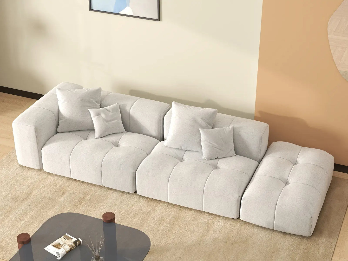 Matrix 2-Seater White Small Space Chaise Sectional | 3-Piece (Includes 1 Ottoman), Linen Fabric