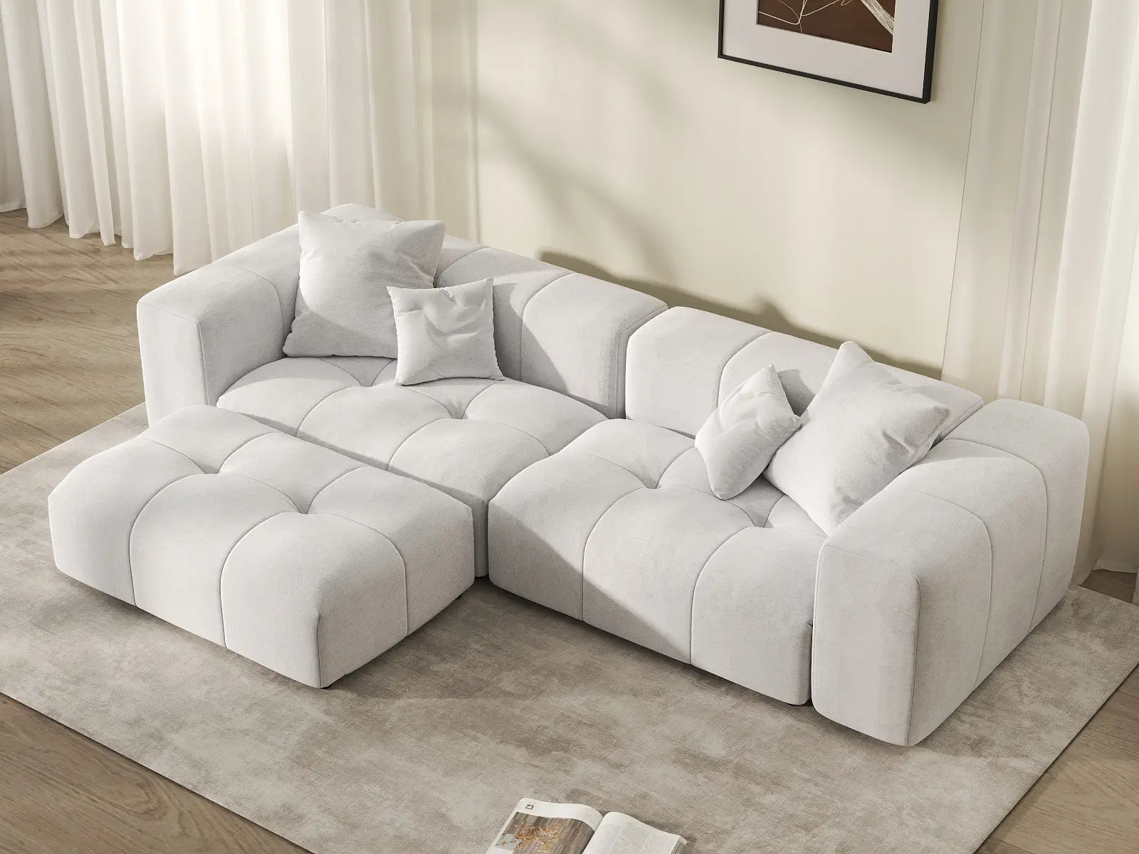 Matrix 2-Seater White Small Space Chaise Sectional | 3-Piece (Includes 1 Ottoman), Linen Fabric