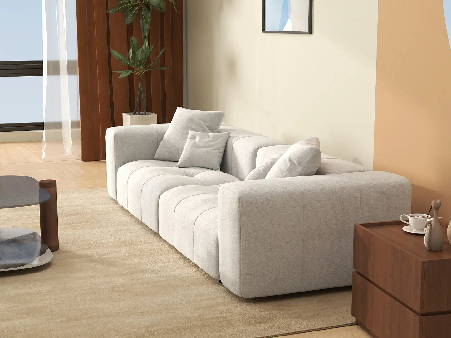 Matrix 2-Seater White Small Space Loveseat | 2-Piece, Linen Fabric