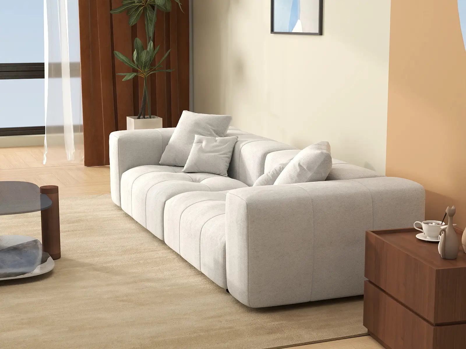 Matrix 2-Seater White Small Space Loveseat | 2-Piece, Linen Fabric