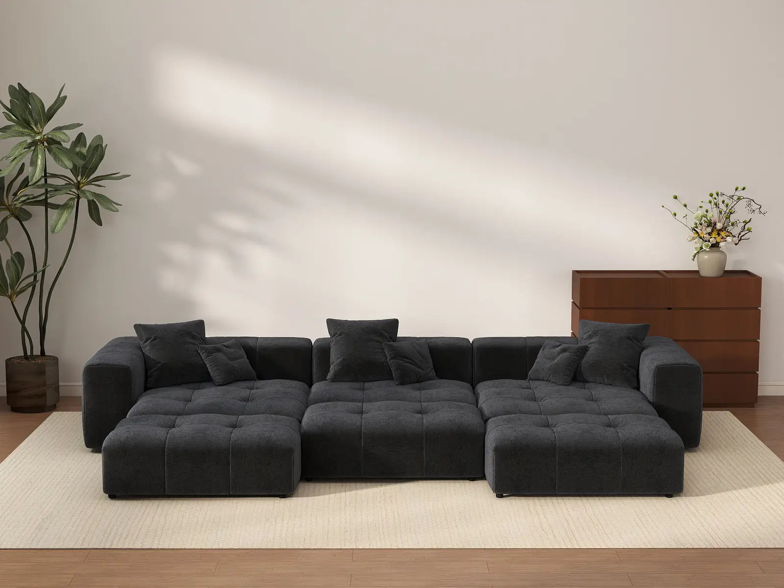 Sofá seccional Matrix de 3 plazas, negro, grande, con fosa | 6 piezas (incluye 3 otomanas), tela de lino