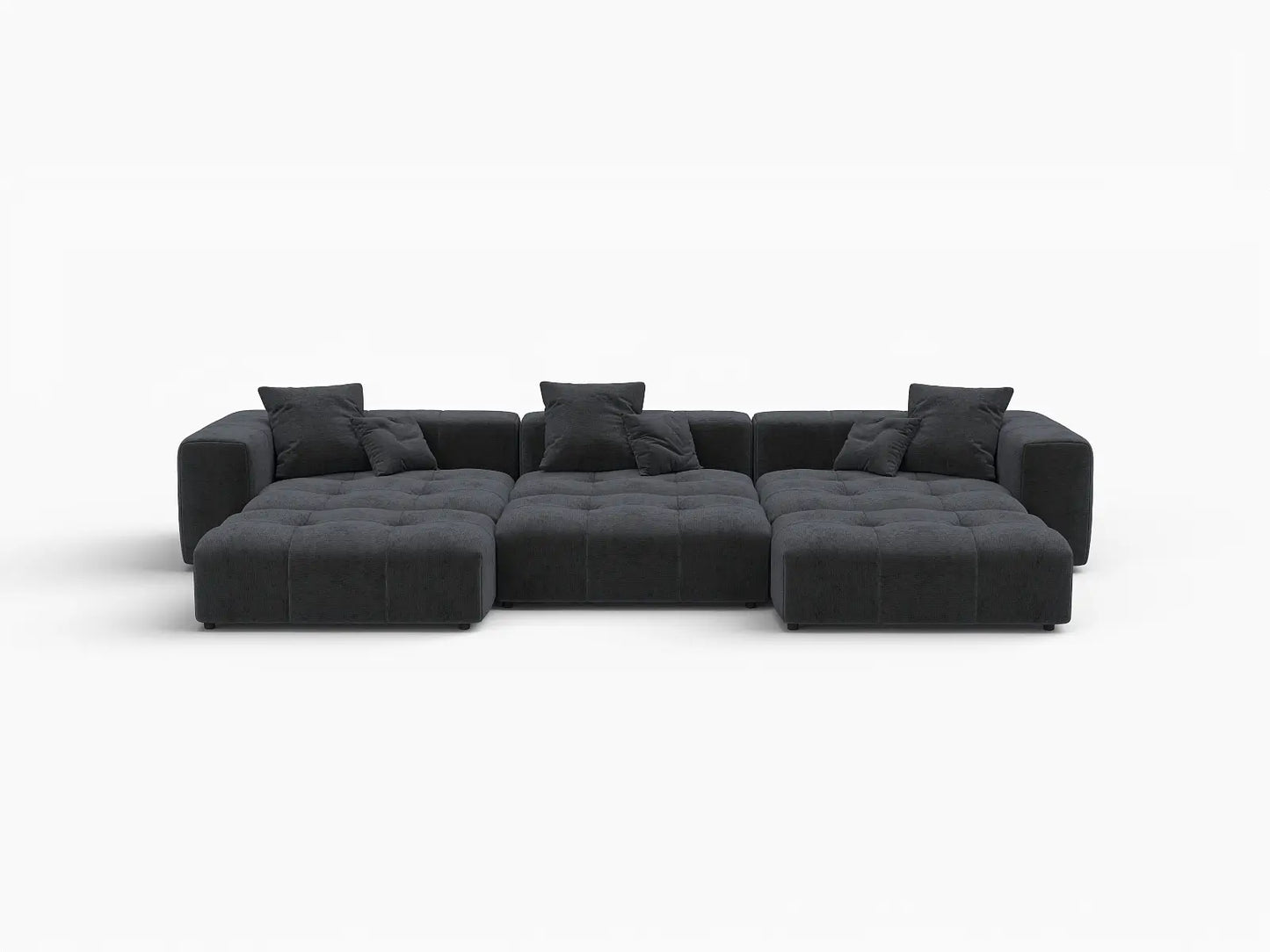Sofá seccional Matrix de 3 plazas, negro, grande, con fosa | 6 piezas (incluye 3 otomanas), tela de lino